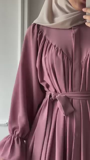 Elegant Mauve Georgette Pleated Abaya with Tie-Waist