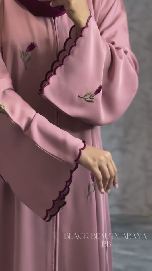 Pink Embroidery Zip Abaya