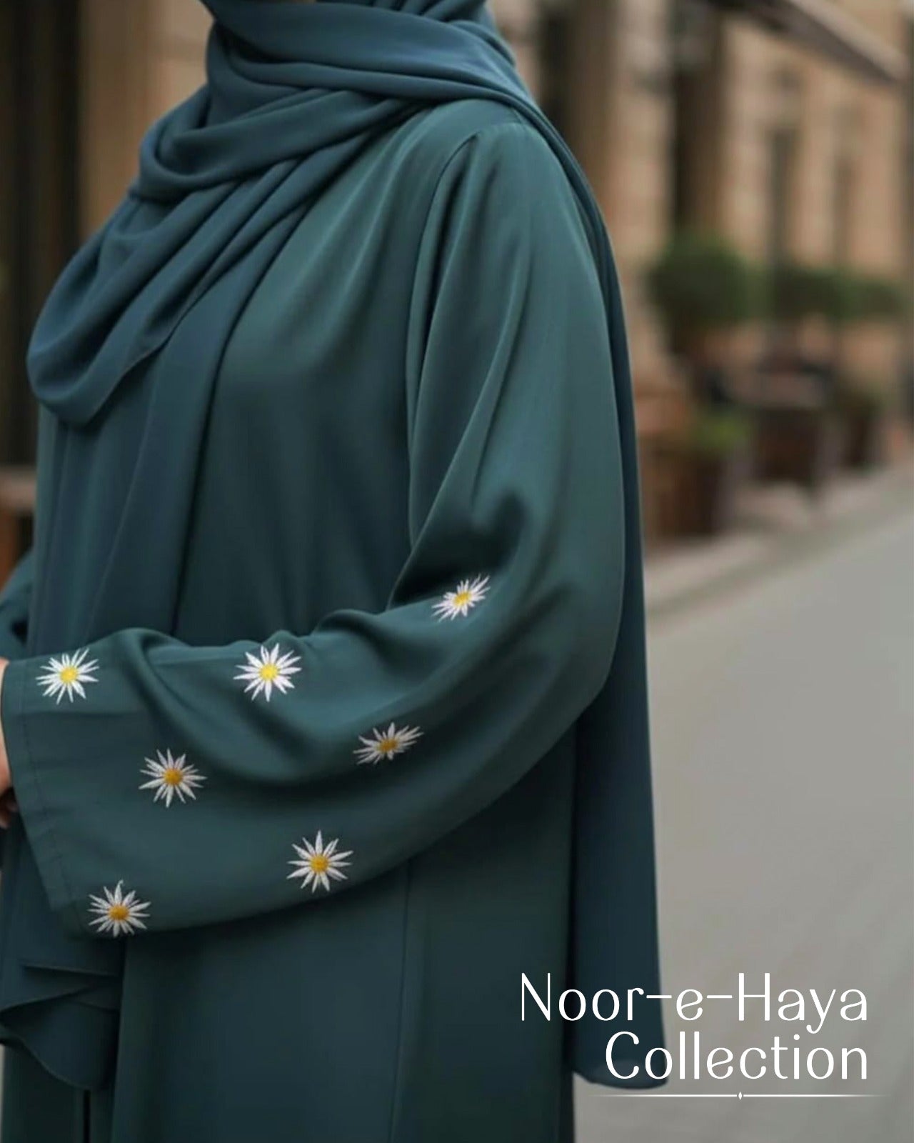 Emerald Green Daisy Embroidered Georgette Abaya - Noor-e-Haya Collection