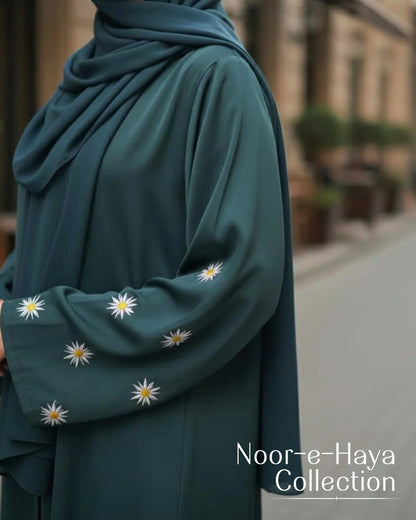 Emerald Green Daisy Embroidered Georgette Abaya - Noor-e-Haya Collection