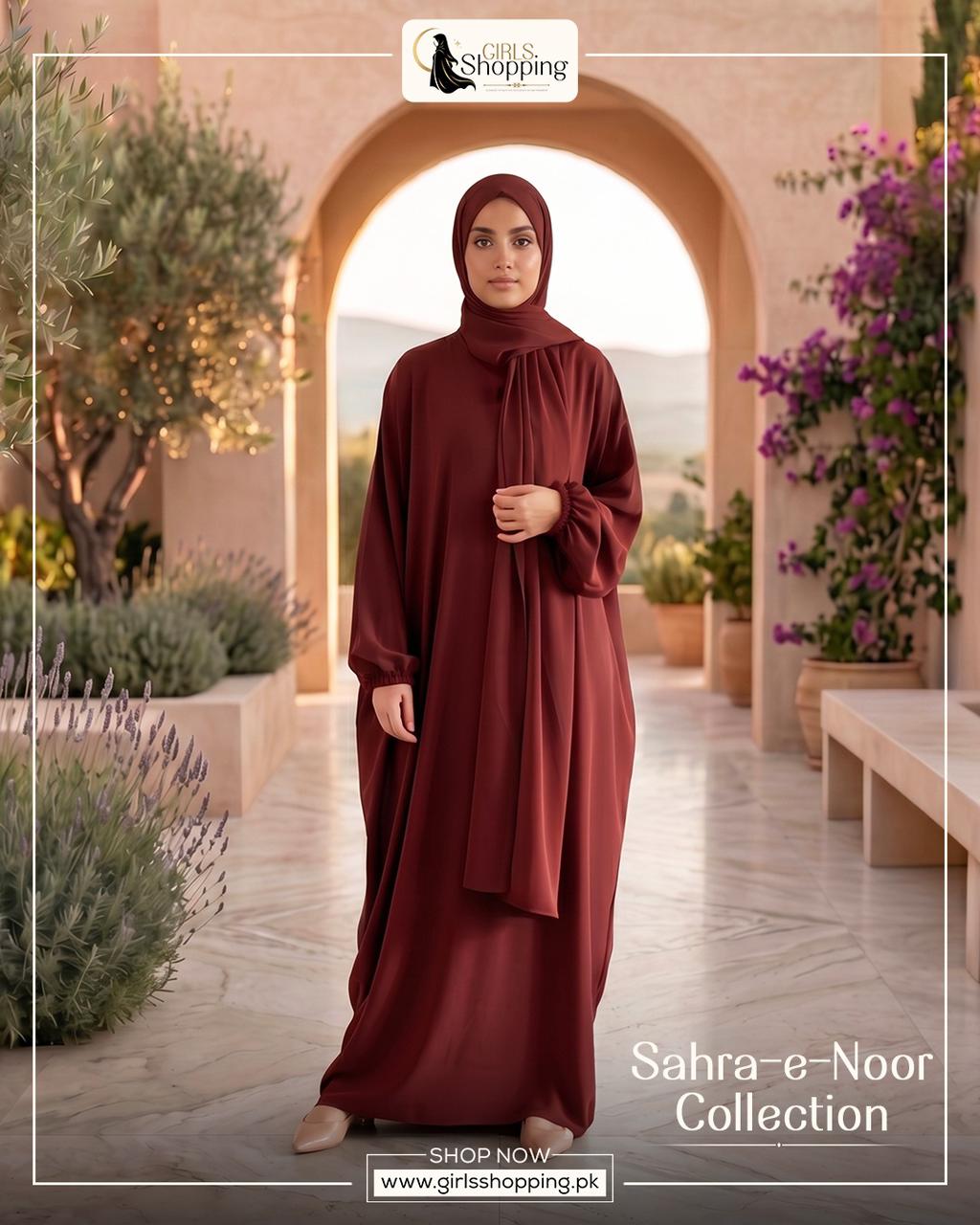 Classic Maroon Georgette Batwing Abaya – Sahra-e-Noor Collection