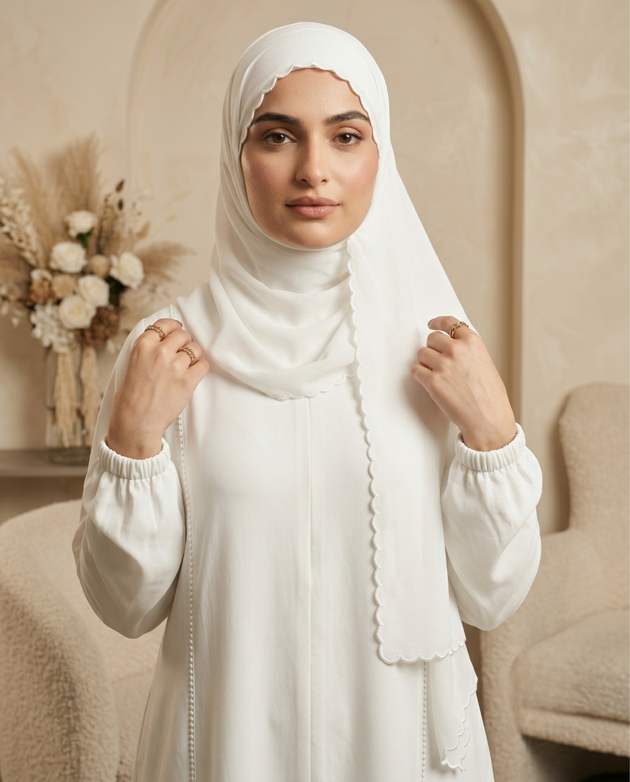 Pure White Georgette Abaya with Scalloped Edge Detailing